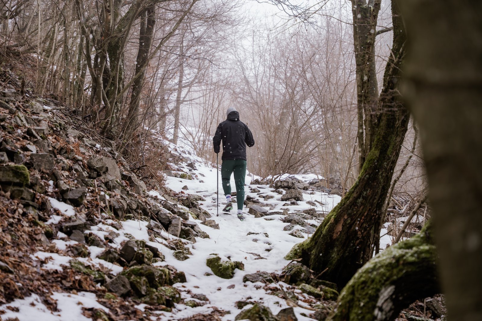 Solo hiker on a rocky mountain trail